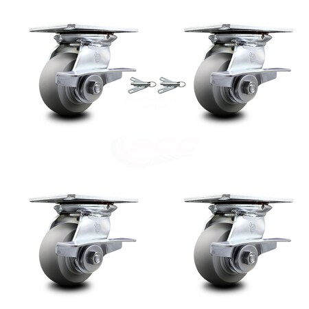 Service Caster 4 Inch Thermoplastic Caster Set with Roller Bearing 4 Brake and 2 Swivel Lock SCC-35S420-TPRRD-SLB-BSL-2-SLB-2